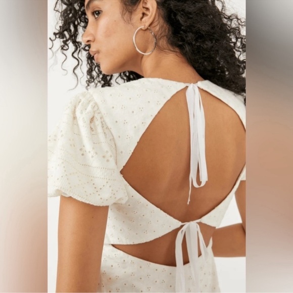Free People Womens Apricot Rose Mini Dress Puff Sleeve Eyelet White Size L - Picture 2 of 10